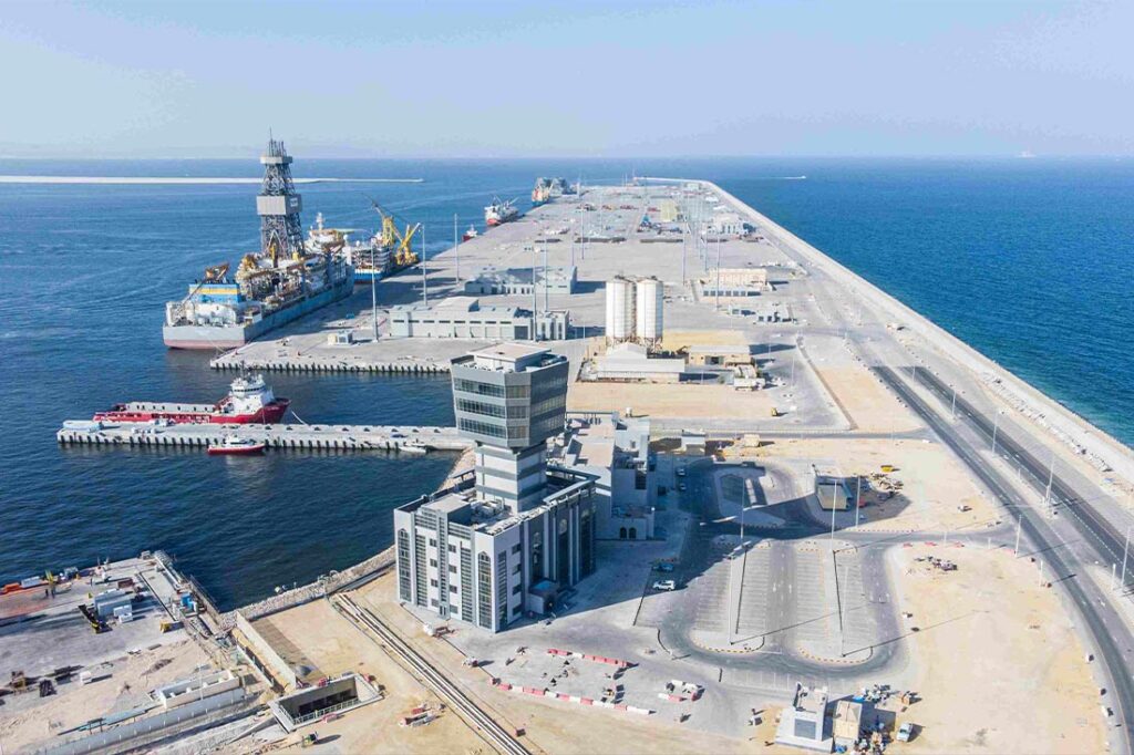 High-resolution aerial view of Port of Duqm, showing its modern quay and container terminal.”