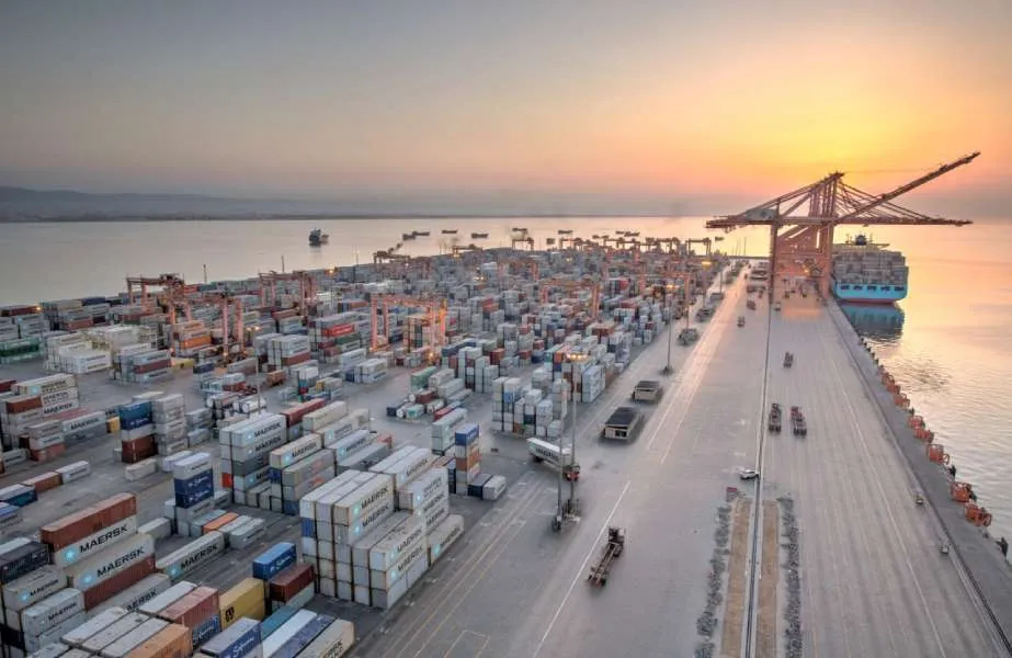 Aerial view of Port of Salalah container terminal at sunset, Oman